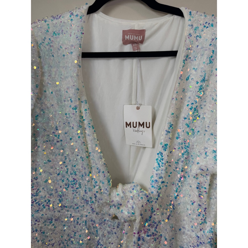 Show Me Your Mumu White Iridescent Sequin Jumpsuit Tie Front Flare XXL NEW - Picture 5 of 6